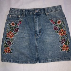 Floral Embroidered Denim Skirt